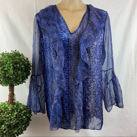 Ellie Tahari Blue Sheer Silk Blend Print Ruffle Bell Sleeveless Blouse Top S - Picture 2 of 8